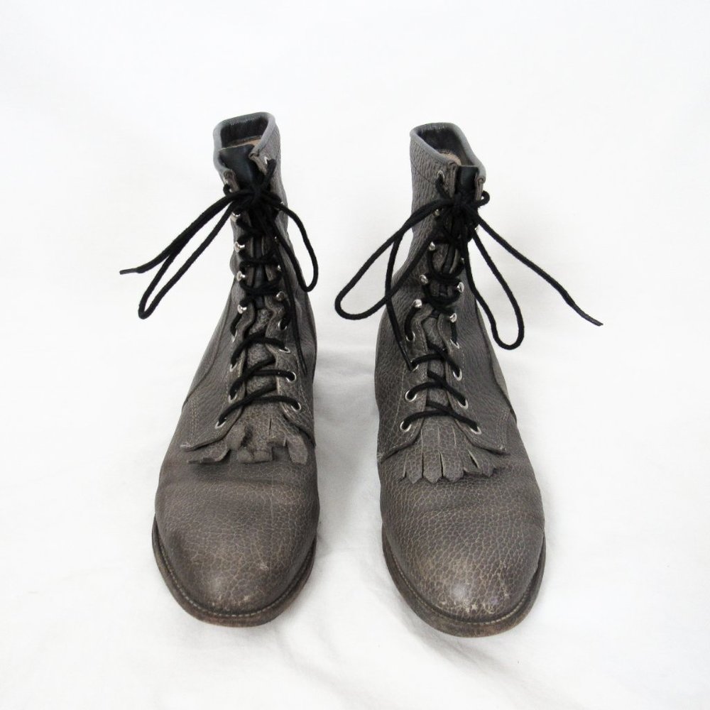 VINTAGE 1980s Justins Pebbled Leather Lace up Boots Cowboy Western-10.5 D Mens - Picture 2 of 15